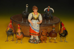 uralt Erzgebirge * große Pappmaché Bauernhof Figuren & Tiere mit Wackelköpfen * um 1880