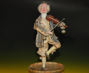 Clown playing machine violin on barrel standing * height 14.8 inch * France at 1850-1860