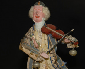 Clown playing machine violin on barrel standing * height 14.8 inch * France at 1850-1860