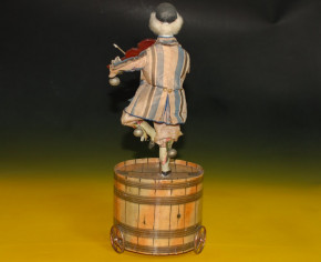 Clown playing machine violin on barrel standing * height 14.8 inch * France at 1850-1860