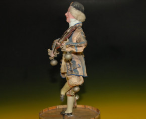 Clown playing machine violin on barrel standing * height 14.8 inch * France at 1850-1860