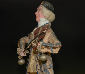 Clown playing machine violin on barrel standing * height 14.8 inch * France at 1850-1860