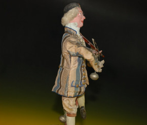 Clown playing machine violin on barrel standing * height 14.8 inch * France at 1850-1860