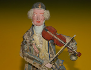 Clown playing machine violin on barrel standing * height 14.8 inch * France at 1850-1860