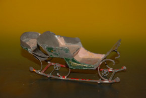 antique hunting horse-drawn sleigh * metal hand painted * L. Staudt or Rock & Graner at 1890