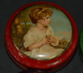 4 small shop miniature tins with child motives * metal litho . at 1900