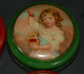 4 small shop miniature tins with child motives * metal litho . at 1900