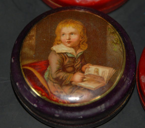 4 small shop miniature tins with child motives * metal litho . at 1900