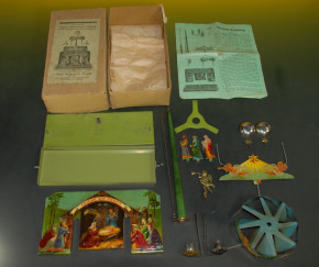 antique Christmas manger angel ringing * metal marked & litho. * in the box with instructions * at 1900-1920