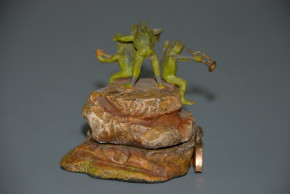 antique metal cast money box * frogs on stone playing instruments  * hand-painted at 1900