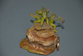 antique metal cast money box * frogs on stone playing instruments  * hand-painted at 1900