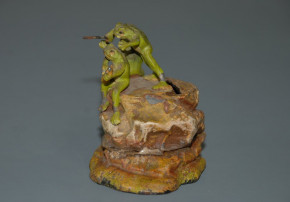 antique metal cast money box * frogs on stone playing instruments  * hand-painted at 1900