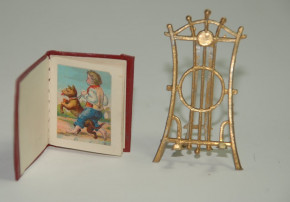 Doll house miniature pictures album with tin stand * rare at 1900-1910