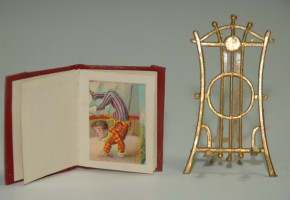 Doll house miniature pictures album with tin stand * rare at 1900-1910