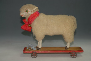 antique Pulltoy * wool sheep with vote & glass eyes * Germany at 1900