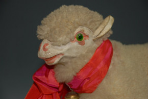 antique Pulltoy * wool sheep with vote & glass eyes * Germany at 1900