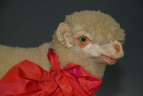 antique Pulltoy * wool sheep with vote & glass eyes * Germany at 1900