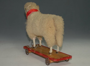 antique Pulltoy * wool sheep with vote & glass eyes * Germany at 1900