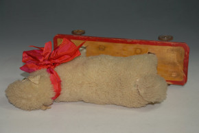 antique Pulltoy * wool sheep with vote & glass eyes * Germany at 1900