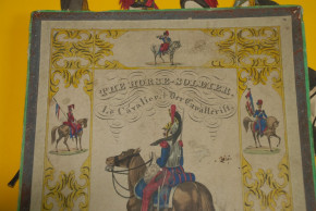 uraltes Militärspiel * Der Kavallerist * Papier handkoloriert Nürnberg um 1850-1860