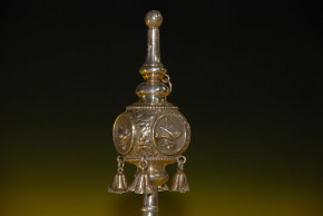 antique baby rattle with bird motive, bells & pipe * silver around 1860-1880