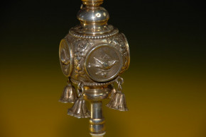 antique baby rattle with bird motive, bells & pipe * silver around 1860-1880