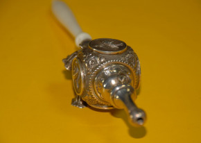 antique baby rattle with bird motive, bells & pipe * silver around 1860-1880