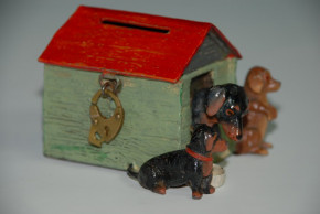 Heyde G. Dresden antique metal cast money box * dog kennel with 3 dachshund * at 1900