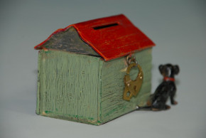 Heyde G. Dresden antique metal cast money box * dog kennel with 3 dachshund * at 1900