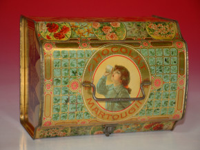 Schokoladen Blechdose MARTOUGIN in Form einer Lunchbox * um 1900