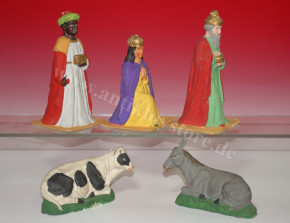 5 large antique nativity figures * 3 sacred kings, ox & donkey * at 1880