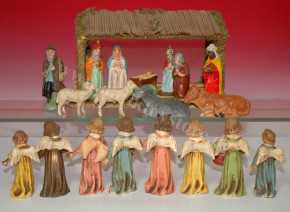 small nativity figures with paper mache figures and 8 musical angels * at 1900