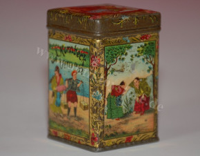 antique miniature shop tea tin with Asian motifs * C.A. Kornbeck Ulm at 1900