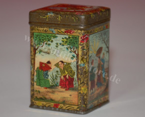 antique miniature shop tea tin with Asian motifs * C.A. Kornbeck Ulm at 1900