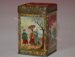 antique miniature shop tea tin with Asian motifs * C.A. Kornbeck Ulm at 1900