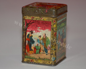 antique miniature shop tea tin with Asian motifs * C.A. Kornbeck Ulm at 1900