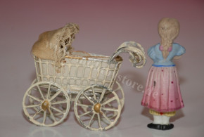 antique dollhouse pram with 2 porcelain dolls * at 1900