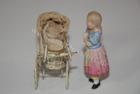 antique dollhouse pram with 2 porcelain dolls * at 1900