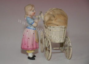 antique dollhouse pram with 2 porcelain dolls * at 1900