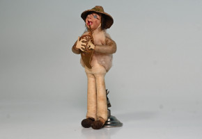 ancient, rare Christmas tree decoration * cotton wool figure musician with wind instrument * around 1900