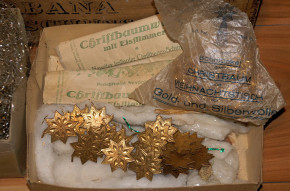 Christmas ornaments from cotton wool, cardboard & metal at 1900