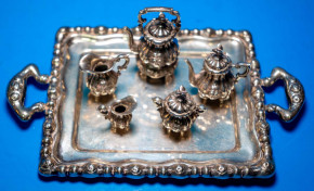 uraltes Miniatur Silber Kaffee & Tee Kernstück mit Tablett * um 1900